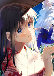 Rule 34 | 1girl, absurdres, artist name, blue eyes, blush, brown hair, cloud, commentary request, dated, day, floral print, geshumaro, highres, holding, japanese clothes, kimono, light rays, long hair, looking at viewer, original, pinwheel, plant, power lines, print kimono, sky, solo, sparkle, sunbeam, sunlight