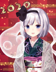 Rule 34 | 1girl, 2020, :3, :d, animal ears, black hairband, black ribbon, blue eyes, checkered background, chinese zodiac, closed mouth, commentary request, floral print, green kimono, hair ribbon, hairband, japanese clothes, kimono, konpaku youmu, konpaku youmu (ghost), looking at viewer, mouse ears, obi, open clothes, open mouth, print kimono, purin jiisan, red background, ribbon, sash, short hair, silver hair, smile, solo, touhou, upper body, whiskers, year of the rat
