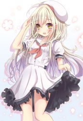 Rule 34 | 1girl, arm up, aruka (alka p1), blonde hair, commentary request, dress, hat, long hair, looking at viewer, neckerchief, original, sailor dress, salute, short sleeves, skirt hold, solo, standing, yellow eyes