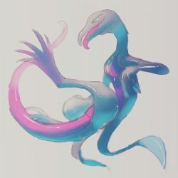 Rule 34 | black eyes, blurry, commentary request, creatures (company), full body, game freak, gen 7 pokemon, grey background, nintendo, no humans, open mouth, pecohophop, pokemon, pokemon (creature), salazzle, shiny skin, solo, tongue, tongue out