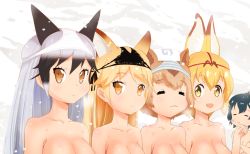 Rule 34 | 10s, 5girls, :3, = =, animal ears, black hair, breast envy, breasts, brown hair, capybara (kemono friends), closed eyes, commentary request, covering breasts, covering privates, crotchless, crotchless panties, ezo red fox (kemono friends), fox ears, japari symbol, kaban (kemono friends), kemono friends, large breasts, long hair, multicolored hair, multiple girls, mushi gyouza, object on head, odd one out, out-of-frame censoring, panties, panties on head, red panties, serval (kemono friends), short hair, silver fox (kemono friends), silver hair, striped clothes, striped panties, thong, towel, towel on head, underwear, white panties, yellow eyes