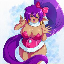 Rule 34 | 1girl, bare shoulders, benbeau, blue background, breasts, cleavage, closed eyes, cowboy shot, curvy, dark-skinned female, dark skin, dress, earrings, fur collar, high ponytail, highres, jewelry, large breasts, long hair, open mouth, pointy ears, purple hair, red dress, shantae, shantae (series), shiny skin, short dress, smile, solo, standing, strapless, strapless dress, wide hips