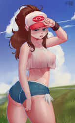 Rule 34 | 1girl, absurdres, ass, bare shoulders, baseball cap, blue eyes, breasts, brown hair, cloud, collarbone, cowboy shot, creatures (company), day, from behind, game freak, grass, hat, highres, hilda (pokemon), large breasts, long hair, looking at viewer, looking back, midriff, nintendo, nipples, open mouth, ourobot, outdoors, pokemon, pokemon bw, ponytail, see-through, shorts, sidelocks, sky, solo, standing, sweat, tank top, teeth, upper teeth only, white tank top, wristband