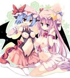 Rule 34 | 2girls, armpits, bare shoulders, barefoot, blue hair, breasts, brooch, choker, cleavage, demon tail, detached sleeves, fang, hat, jewelry, jpeg artifacts, kneeling, large breasts, maturiuta sorato, medium breasts, midriff, multiple girls, navel, nipples, patchouli knowledge, purple eyes, purple hair, red eyes, remilia scarlet, sitting, smile, tail, thighhighs, top pull, touhou, wariza, white legwear, wings, wrist cuffs