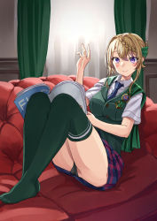 Rule 34 | 1girl, ass, black panties, blonde hair, blue necktie, blue skirt, blush, book, braid, buttons, cape, closed mouth, collared shirt, curtains, green cape, green thighhighs, green vest, hair between eyes, highres, kantai collection, mayura (lucadia), necktie, open book, panties, perth (kancolle), plaid, plaid skirt, pleated skirt, purple eyes, shirt, short hair, short sleeves, sidelocks, skirt, smile, solo, thighhighs, underwear, vest, white shirt