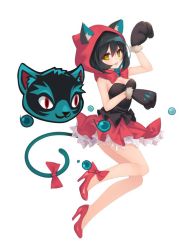 Rule 34 | 1girl, animal ears, black hair, blush, bow, breasts, cat ears, cat tail, character request, cleavage, copyright request, ears through headwear, full body, hair between eyes, high heels, hood, large breasts, looking at viewer, parted lips, red bow, red skirt, short hair, skirt, smile, suisai., tail, tail bow, tail ornament, yellow eyes