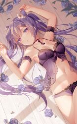 Rule 34 | 1girl, armpits, arms up, artist name, babydoll, bare shoulders, blurry, blurry foreground, braid, breasts, choker, commentary, crossed legs, day, floral print, flower, genshin impact, hair between eyes, hair flower, hair ornament, highres, keqing (genshin impact), lingerie, long hair, looking at viewer, lying, medium breasts, navel, on back, on floor, panties, parted lips, pixiv username, purple eyes, purple flower, purple hair, purple panties, purple ribbon, purple rose, ribbon, rimuu, rose, shadow, single braid, solo, sunlight, symbol-only commentary, symbol-shaped pupils, twintails, twitter username, underwear, underwear only, white flower, wooden floor