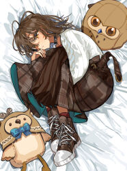 Rule 34 | 1girl, :&lt;, ahoge, bed sheet, berry, black choker, brown eyes, brown footwear, brown hair, brown skirt, choker, earrings, fetal position, fingernails, food-themed earrings, high tops, highres, hololive, hololive english, hooman (nanashi mumei), hootsie (nanashi mumei), hugging own legs, jewelry, juno ox, long bangs, long hair, long skirt, looking at viewer, multicolored hair, nanashi mumei, nanashi mumei (casual), necklace, objectification, official alternate costume, on bed, plaid, plaid skirt, pleated skirt, red shirt, red socks, shirt, shoes, skirt, sneakers, socks, streaked hair, stuffed animal, stuffed toy, sweater, virtual youtuber, white sweater