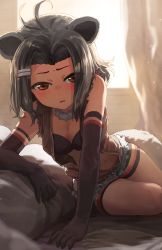 Rule 34 | 1girl, american beaver (kemono friends), animal ears, antenna hair, arm support, backlighting, bare legs, bare shoulders, beaver ears, beaver tail, bike shorts, blush, bra, breasts, brown eyes, cleavage, cutoffs, day, denim, denim shorts, detached collar, elbow gloves, eyes visible through hair, fur collar, furrowed brow, gloves, grey hair, hair ornament, hairclip, highres, indoors, kemono friends, leaning forward, leaning to the side, looking at viewer, medium breasts, medium hair, melaton, navel, open clothes, open vest, parted lips, pillow, short shorts, shorts, shorts under shorts, sitting, solo, stomach, tail, torn clothes, torn sleeves, twisted torso, underwear, vest, window