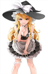 Rule 34 | 1girl, absurdres, adapted costume, blonde hair, breasts, cleavage, commentary request, feet out of frame, gibun (sozoshu), hand up, hat, highres, kirisame marisa, leaning forward, legs apart, long hair, looking at viewer, medium breasts, midriff, navel, panties, panties around leg, simple background, solo, spread fingers, standing, straight-on, touhou, underwear, very long hair, white background, witch hat, yellow eyes
