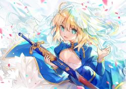 Rule 34 | 1girl, :d, ahoge, artoria pendragon (all), artoria pendragon (fate), blonde hair, blue eyes, breasts, cleavage, cleavage cutout, clothing cutout, corset, fate/stay night, fate (series), floating hair, hair between eyes, holding, holding sheath, kamiowl, leaning forward, long hair, long skirt, long sleeves, looking at viewer, open mouth, petals, saber (fate), sheath, skirt, small breasts, smile, solo, standing, white skirt
