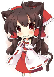 Rule 34 | 1girl, :3, animal ears, blush, bow, brown hair, cat ears, cat girl, cat tail, chibi, detached sleeves, dress, female focus, hair bow, hakurei reimu, japanese clothes, kemonomimi mode, lozelia, miko, ponytail, red dress, red eyes, smile, solo, tail, touhou, wavy mouth