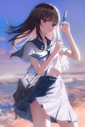 Rule 34 | 1girl, arm up, bag, blue eyes, blue neckerchief, blue sailor collar, blue skirt, blue sky, blurry, blurry background, brown hair, commentary, crop top, day, depth of field, fireworks, floating hair, food, grin, hand up, highres, holding, holding food, horizon, ice cream, long hair, looking at viewer, midriff, navel, neckerchief, ocean, original, outdoors, pleated skirt, ruda (ruda e), sailor collar, school bag, school uniform, senkou hanabi, serafuku, shirt, short sleeves, skirt, sky, smile, solo, sparkler, symbol-only commentary, water, white shirt