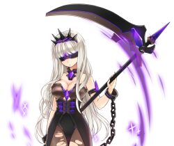 Rule 34 | 1girl, armlet, bare shoulders, black collar, black dress, black hairband, breasts, brown pantyhose, chain, cleavage, closed mouth, collar, covered eyes, cowboy shot, cuffs, dot nose, dress, eye mask, game cg, gem, grey hair, hairband, holding, holding scythe, large breasts, long hair, master of eternity, non-web source, nyx (master of eternity), official art, pantyhose, purple gemstone, scythe, shackles, showgirl skirt, simple background, solo, sparkle, spiked hairband, spikes, strapless, strapless dress, torn clothes, torn pantyhose, transparent background, very long hair, wavy hair, weapon behind back