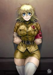 Rule 34 | 1girl, adjusting clothes, arms behind back, belt, blonde hair, blue eyes, blush, breasts, closed mouth, commentary, curvy, emblem, english commentary, fang, fang out, hair between eyes, hallway, hellsing, highres, indoors, large breasts, looking at viewer, miniskirt, nervous smile, seras victoria, shirt, skindentation, skirt, sleeves rolled up, smile, solo, sweatdrop, taut clothes, taut shirt, the golden smurf, thighhighs, uniform, vampire, white thighhighs, wide hips