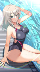Rule 34 | 1girl, black one-piece swimsuit, blaze (blazeillust), blue eyes, blue one-piece swimsuit, blush, breasts, closed mouth, emblem, girls und panzer, hair between eyes, highres, itsumi erika, kuromorimine (emblem), large breasts, looking at viewer, one-piece swimsuit, pool, short hair, sitting, smile, solo, swimsuit, thighs, white hair