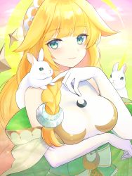 Rule 34 | 1girl, absurdres, animal, animal on shoulder, arm under breasts, blonde hair, blunt bangs, blush, breasts, closed mouth, commentary request, crescent, dress, elbow gloves, gloves, green eyes, hair flaps, hand up, highres, kkokko, long hair, looking at viewer, medium breasts, mikazuki munechika, monster strike, rabbit, smile, solo, upper body, very long hair, white dress, white gloves