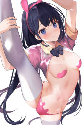 Rule 34 | 1girl, 3:, animal ears, arms up, black hair, blush, breasts, closed mouth, commentary request, fake animal ears, frown, hairband, heart pasties, highres, leg up, long hair, looking at viewer, meme attire, navel, original, pasties, pink hairband, purple eyes, rabbit ears, reverse bunnysuit, reverse outfit, short sleeves, shrug (clothing), small breasts, solo, split, standing, standing on one leg, standing split, stomach, tetsubuta, thighhighs, very long hair, wavy mouth, white thighhighs