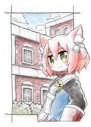 Rule 34 | 1girl, 7th dragon, 7th dragon (series), animal ear fluff, animal ears, belt, belt buckle, blue jacket, blue sky, blush, brick wall, buckle, building, cat ears, closed mouth, cloud, commentary request, cropped torso, day, fighter (7th dragon), gloves, hair between eyes, hair bobbles, hair ornament, harukara (7th dragon), highres, jacket, long sleeves, looking away, naga u, one side up, pink hair, red gloves, sky, smile, solo, upper body, white belt, window