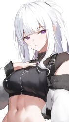 Rule 34 | 1girl, black shirt, breasts, closed mouth, crop top, cropped jacket, expressionless, gnns, hand on own chest, hand up, highres, ine (vtuber), jacket, jewelry, long hair, long sleeves, looking at viewer, medium breasts, midriff, navel, necklace, off shoulder, ponytail, purple eyes, shirt, short sleeves, simple background, solo, stomach, upper body, virtual youtuber, waktaverse, white background, white hair, white jacket