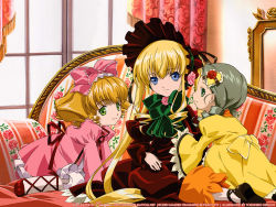 Rule 34 | 00s, 3girls, blonde hair, blue eyes, bonnet, bow, bowtie, couch, cross-laced footwear, curtains, dress, drill hair, flower, green bow, green bowtie, green eyes, green hair, hair ornament, heart, heart hair ornament, hinaichigo, indoors, kanaria, kikuchi toshihiro, long sleeves, looking at viewer, mirror, multiple girls, on couch, pantyhose, pink bow, puffy long sleeves, puffy pants, puffy sleeves, red dress, rose, rozen maiden, shinku, sidelocks, smile, twintails, white legwear, window