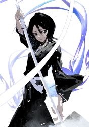 Rule 34 | 1girl, belt, black eyes, black hair, black kimono, bleach, breasts, cofffee, cowboy shot, fighting stance, hair between eyes, holding, holding sword, holding weapon, japanese clothes, katana, kimono, kuchiki rukia, long sleeves, looking at viewer, medium hair, parted lips, shinigami, small breasts, solo, sword, weapon, white background, white belt