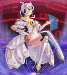 Rule 34 | 1girl, boots, braid, dress, elsword, english text, eve (elsword), facing away, facing to the side, female focus, floating, forehead jewel, from below, from side, grey hair, headphones, highres, holographic interface, invisible chair, looking at viewer, looking to the side, pokpakman, sitting, solo, thighhighs, yellow eyes