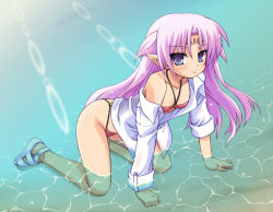 Rule 34 | 1girl, all fours, bikini, bikini under clothes, facial mark, flat chest, forehead mark, long hair, off shoulder, open clothes, open shirt, partially submerged, pink hair, pointy ears, purple eyes, purple hair, sandals, shirt, solo, sunlight, swimsuit, swimsuit under clothes, uraichishi, water