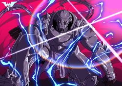 Rule 34 | 1boy, absurdres, alphonse elric, armor, batm andrew, clenched hands, electricity, full armor, fullmetal alchemist, helmet, highres, male focus, on one knee, pink background, solo, watermark