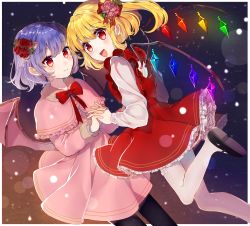 Rule 34 | 2girls, :d, black legwear, blonde hair, bow, christmas, dress, flandre scarlet, flower, frilled skirt, frills, hair flower, hair ornament, highres, holding hands, kawachi rin, looking at viewer, multiple girls, open mouth, outdoors, pantyhose, pink skirt, purple hair, red bow, red dress, red eyes, remilia scarlet, short hair, siblings, sisters, skirt, smile, snowing, standing, standing on one leg, touhou, white legwear, wings