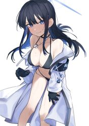 Rule 34 | 1girl, bikini, black bikini, blue archive, blue eyes, blush, breasts, closed mouth, coat, fataaa, gloves, halo, highres, large breasts, long hair, looking at viewer, saori (blue archive), simple background, solo, swimsuit, thighs, white coat