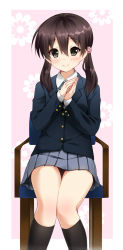 Rule 34 | 1girl, black eyes, black hair, blush, chair, extra, hair ornament, highres, k-on!, kimura fumie, kneehighs, long hair, looking at viewer, nironiro, own hands together, school uniform, simple background, sitting, skirt, smile, socks, solo, white background