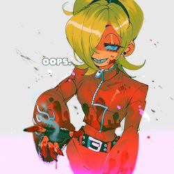 Rule 34 | 1boy, ash crimson, belt, black nails, blonde hair, blood, blood on face, blood on hands, blue eyes, bokubunbun, earrings, fire, freckles, gloves, green fire, hairband, hand on own hip, highres, jewelry, nail polish, red suit, snk, suit, the king of fighters