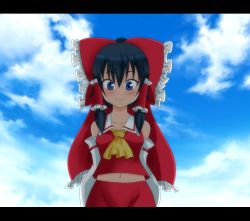 Rule 34 | 1girl, ascot, bad id, bad pixiv id, black hair, blue eyes, bow, cloud, day, detached sleeves, female focus, g ken, hair bow, hair tubes, hakurei reimu, japanese clothes, letterboxed, long hair, miko, outdoors, sky, smile, solo, touhou