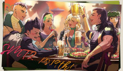 Rule 34 | 2girls, 4boys, alcohol, aleph (megami tensei), anniversary, bandages, beer, beer mug, beth (megami tensei), black bodysuit, black hair, blonde hair, blue hairband, blurry, blurry background, blush, bodysuit, brass knuckles, chicken (food), chicken leg, closed eyes, copyright name, cup, daleth (megami tensei), drinking glass, drunk, fingerless gloves, food, gimmel, gloves, green scarf, hairband, hand up, hime cut, hiroko (megami tensei), holding, holding food, holding skewer, holster, holstered, jacket, laurel crown, long hair, looking at another, meat, mole, mole under eye, mug, multiple boys, multiple girls, muscular, muscular male, o c x, open mouth, photo (object), plate, red lips, restaurant, scarf, scowl, shin megami tensei, shin megami tensei ii, short hair, shoulder pads, signature, skewer, smile, spiked hair, table, teeth, toasting (gesture), two-sided fabric, two-sided jacket, very short hair, weapon, white jacket, wine glass, yakitori, zayin (megami tensei)