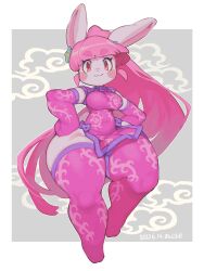 Rule 34 | 1girl, :3, breasts, chinese clothes, curvy, elbow gloves, eyebrows hidden by hair, flower, flower on head, furry, gloves, hands on own hips, highres, long ears, long hair, looking at viewer, medium breasts, original, pelvic curtain, pink eyes, pink hair, ponytail, rabbit ears, sanjiro (tenshin anman), simple background, skin tight, standing, standing on one leg, thick eyebrows, thick thighs, thighhighs, thighs, very long hair, wide hips