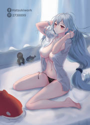 Rule 34 | 1girl, arknights, bad id, bad twitter id, bare legs, barefoot, black panties, blush, breasts, character doll, commentary request, curtains, doctor (arknights), grey hair, hatsuki (hatsukiwork), highres, indoors, inflatable orca, inflatable toy, large breasts, long hair, low-tied long hair, navel, no headwear, open clothes, open shirt, panties, red eyes, shirt, short sleeves, sitting, skadi (arknights), solo, stomach, thighs, underwear, very long hair, wariza, white shirt