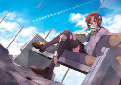 Rule 34 | 00s, 1girl, bad id, bad pixiv id, black thighhighs, blue eyes, breasts, brown hair, cloud, contrail, crest, crossed legs, damaged, day, evangelion: 2.0 you can (not) advance, glasses, legs, loafers, long hair, makinami mari illustrious, medium breasts, nardack, necktie, neon genesis evangelion, rebuild of evangelion, red-framed eyewear, ruins, school uniform, shoes, sitting, skirt, sky, smile, solo, thighhighs, torn clothes, torn thighhighs