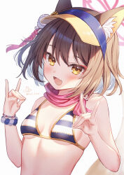 Rule 34 | 1girl, animal ear fluff, animal ears, bead bracelet, beads, bikini, blue archive, bracelet, breasts, brown hair, commentary request, double fox shadow puppet, fang, fox ears, fox girl, fox shadow puppet, halo, highres, izuna (blue archive), izuna (swimsuit) (blue archive), jewelry, looking at viewer, lulinco, official alternate costume, open mouth, red halo, scrunchie, short hair, skin fang, small breasts, solo, striped bikini, striped clothes, swimsuit, upper body, wrist scrunchie, yellow eyes