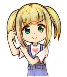 Rule 34 | 1girl, arm up, blonde hair, child, clenched hand, green eyes, heart, highres, long hair, original, overalls, print shirt, shirt, shou zong, smile, solo, twintails, upper body, white shirt
