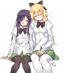 2girls black_bow black_bowtie black_hair blind blonde_hair blouse blush bow bowtie breasts burn_scar closed_eyes green_skirt hair_over_one_eye highres ikezawa_hanako katawa_shoujo long_hair multiple_girls purple_eyes purple_hair satou_lilly scar school_uniform shirt skirt smile watashishi white_shirt yamaku_high_school_uniform