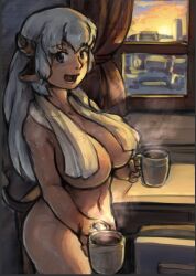 Rule 34 | 1girl, animal ears, blue eyes, blush, breasts, cleavage, coffee, coffee mug, commentary, cow ears, cow girl, cow horns, cow tail, cowboy shot, cup, curtains, desk, english commentary, heart, highres, holding, holding cup, horns, incoming drink, indoors, large breasts, long hair, looking at viewer, medium bangs, morning, mug, nandi (puchirisu), navel, nude, open mouth, original, puchirisu, smile, solo, steam, sunrise, tail, towel, towel around neck, white hair, window