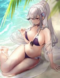 Rule 34 | 1girl, arm support, azur lane, bare legs, bare shoulders, beach, bikini, black choker, black hair, braid, breasts, butterfly hair ornament, choker, cleavage, closed mouth, collarbone, commentary request, day, dunkerque (azur lane), dunkerque (summer sucre) (azur lane), front-tie bikini top, front-tie top, gradient hair, hair ornament, headdress, highres, kinokorec, large breasts, long hair, looking down, multicolored hair, navel, outdoors, pinky out, ponytail, purple bikini, red eyes, see-through, sidelocks, silver hair, sitting, solo, stomach, strap pull, swimsuit, thighs, very long hair, water, wet, yokozuwari