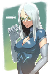 Rule 34 | 1girl, animification, breasts, character name, cleavage, gloves, green eyes, highres, long hair, marvel, mask, purplevortex, solo, white fox (marvel), white hair