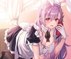 Rule 34 | 1girl, :d, ahoge, all fours, animal ears, apron, black dress, breasts, brown pantyhose, cleavage, detached collar, dress, fake animal ears, frilled dress, frills, gloves, hand up, holding, komeshiro kasu, large breasts, long hair, looking at viewer, maid, maid apron, maid headdress, mole, mole under eye, neck ribbon, open mouth, original, pantyhose, purple hair, rabbit ears, red eyes, ribbon, shoes, short sleeves, smile, solo, very long hair, white gloves