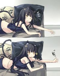 Rule 34 | 1girl, :&lt;, animal ears, black hair, blush, cat ears, cat tail, long hair, lying, off shoulder, on stomach, one eye closed, original, outstretched arm, paw print, personification, pillow, regu (reg95), solo, sparkle, tail, thumbs up, wink, yellow eyes