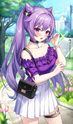 Rule 34 | 1girl, absurdres, alternate costume, bag, bare shoulders, black choker, blush, bracelet, breasts, choker, cleavage, collarbone, commentary request, cone hair bun, contemporary, day, double bun, flower, frilled shirt, frills, genshin impact, hair bun, hair ornament, twirling hair, handbag, highres, jewelry, keqing (genshin impact), long hair, looking at viewer, medium breasts, no-ba, o-ring, o-ring thigh strap, off shoulder, open mouth, outdoors, pink eyes, pleated skirt, purple hair, purple shirt, revision, shirt, short sleeves, shoulder bag, sidelocks, skirt, solo, thigh strap, twintails, white skirt