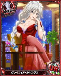 Rule 34 | 1girl, bare shoulders, breasts, card (medium), cleavage, dress, grayfia lucifuge, high school dxd, large breasts, long hair, red dress, tagme