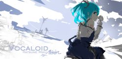 Rule 34 | 1girl, artist name, bad id, bad pixiv id, bare shoulders, blue eyes, blue hair, bug, butterfly, character name, copyright name, cup, drinking, from behind, hatsune miku, highres, bug, landscape, looking back, matching hair/eyes, miv4t, overalls, short hair, signature, sitting, solo, spoon, strap slip, tattoo, vocaloid, wallpaper, windmill