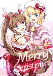 Rule 34 | 2girls, :d, antlers, bare shoulders, bell, belt, blonde hair, blue eyes, blush, bow, box, brown hair, buttons, capelet, choker, christmas, coat, dress, fang, fur trim, gift, gift box, gradient background, hair ornament, hat, holding, holding gift, horns, jacknavy, long hair, long sleeves, looking at viewer, looking back, merry christmas, multiple girls, open mouth, outstretched arm, pink background, pink coat, ponytail, red bow, red dress, red ribbon, reindeer antlers, ribbon, short hair, smile, text focus, warship girls r, white background, white hat, z16 friedrich eckoldt (warship girls r), z1 leberecht maass (warship girls r)